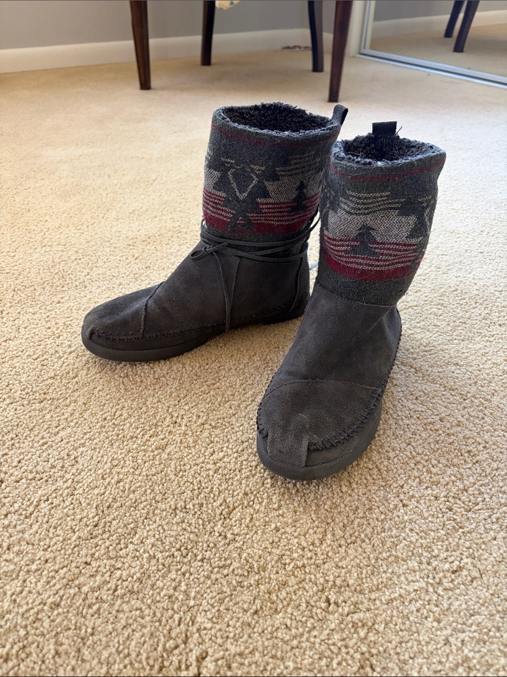 Toms Dark Gray Suede Ankle Boots with Patterned Knit Shaft